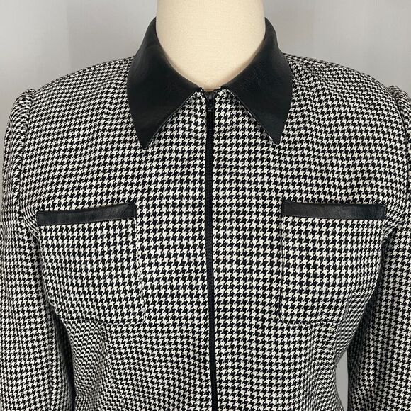 Vintage Jacket Size 14 Black White Houndstooth Full Zip Faux Leather Trim 90s - Picture 2 of 13